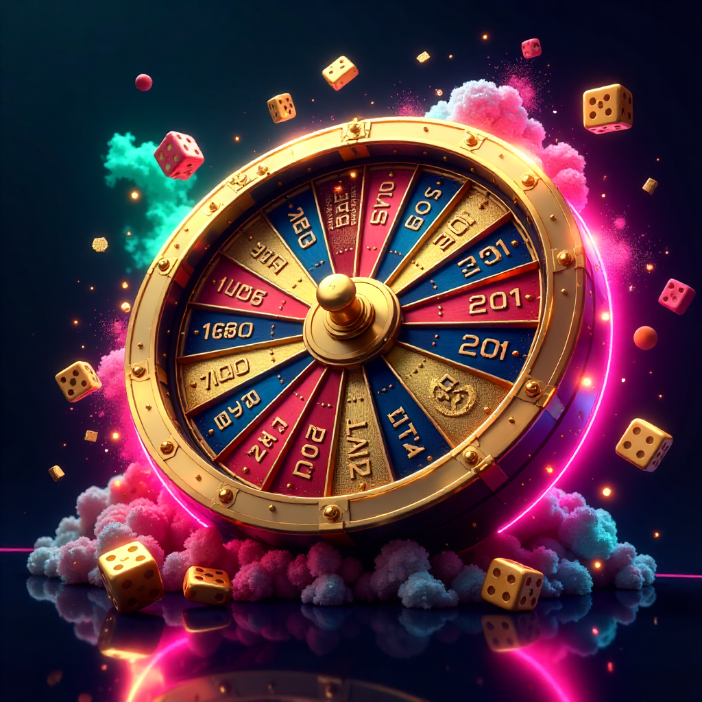 Dynamic 3D explosion of Crazy Time wheel segments, golden multipliers, and dice mixed with elegant Italian Renaissance gold patterns, vibrant pink and teal neon energy trails, dark charcoal reflective background, high-tech gambling art, high contrast, sha